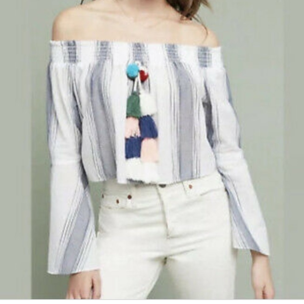 Anthropologie off shoulder top with pompoms